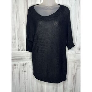 COLDWATER CREEK BLACK OPEN WEAVE‎ DOLMAN BOATNECK LINEN BLEND TUNIC SWEATER L